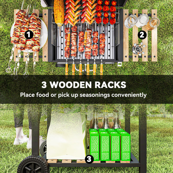 Charcoal barbecue on wheels with adjustable charcoal tray