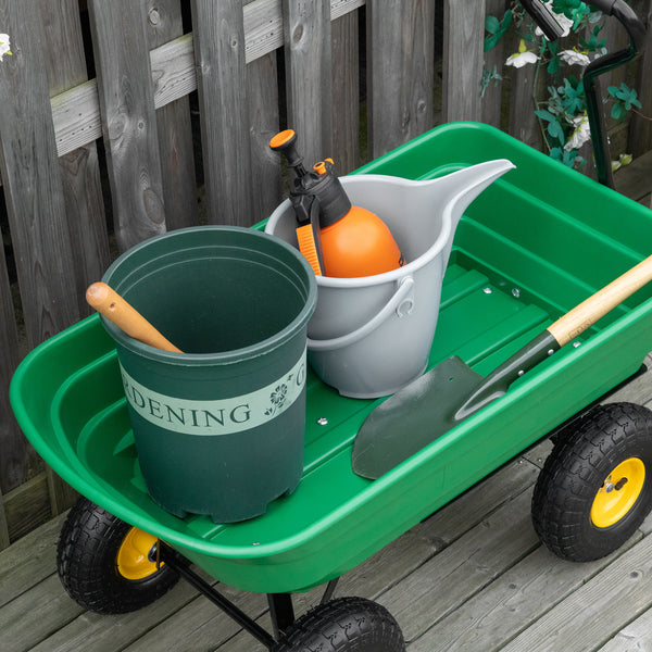Sturdy, green garden cart with tipping bed
