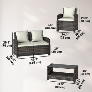 4-Piece Wicker Rattan Conversation Set with Two-Seater Sofa, Chairs and Two-Tier Table with Cushions, Beige.
