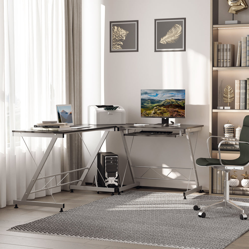 L-Shaped Computer Desk with Keyboard Tray and Laptop Stand