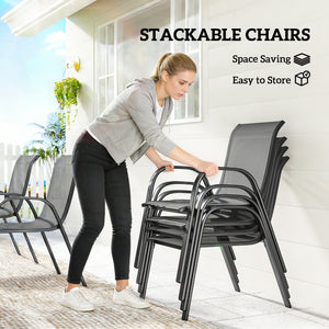 7-piece dining set for 6 people, stackable chairs, light grey