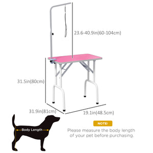Folding grooming table with adjustable arm and non-slip surface, pink