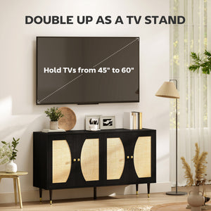 Bohemian storage sideboard with adjustable shelves, soft-close doors and rattan front, black
