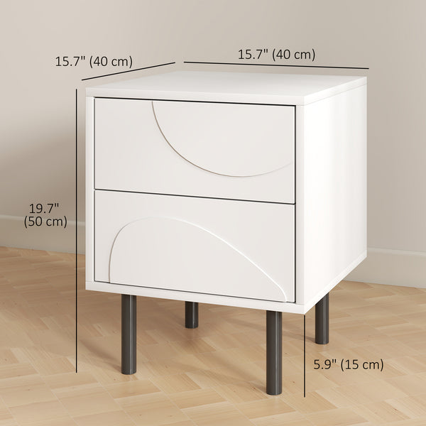 Set of 2 modern bedside tables with push-open drawers and steel legs, white