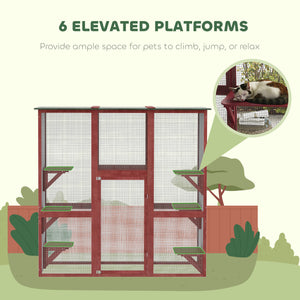 Wooden cat enclosure with 6 balanced platforms and asphalt roof, wine red