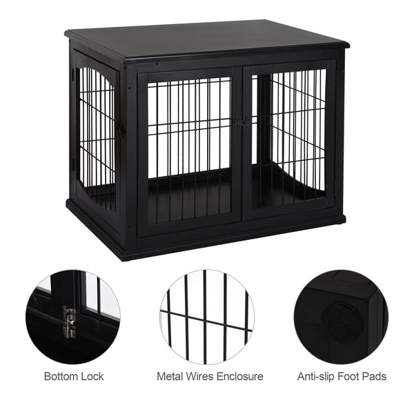 26-inch Wooden Double Door Dog Crate, Black