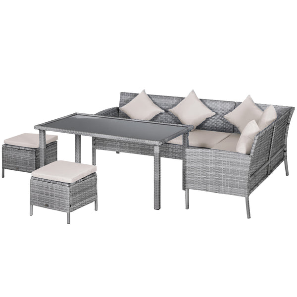 5-piece furniture set in woven resin with cushions, table and poufs, cream white