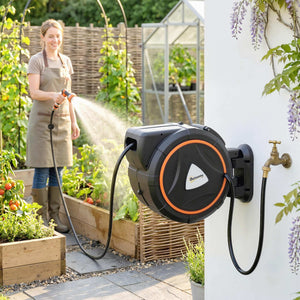 Retractable Garden Hose Reel, 1/2" x 92ft Wall Mounted Hose Reel with 12-Pattern Nozzle, Auto Retraction, Self-Locking