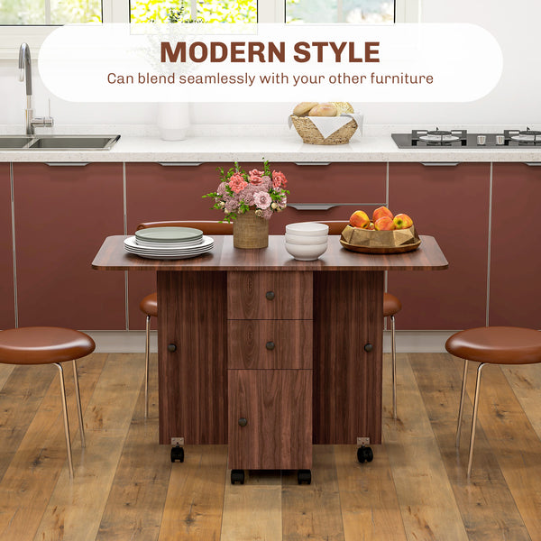 Drop-leaf dining table on casters with drawers, brown