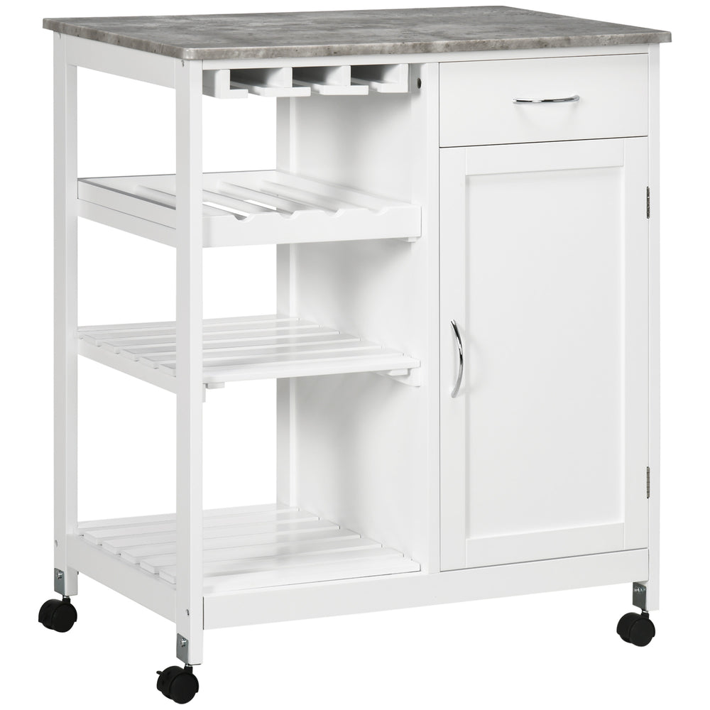 Rolling kitchen trolley with wooden top and drawer, white