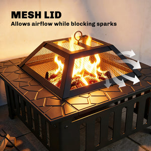 Outdoor Fire Pit with Poker, Square Steel Wood Burning Fire Pit with Mesh Cover, Fireplaces, Black