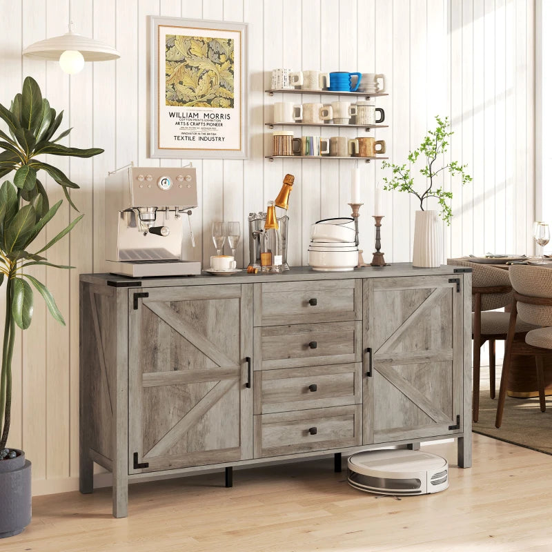 Country style sideboard with thick top, 2 barn doors, 4 drawers and 2 adjustable shelves, gray
