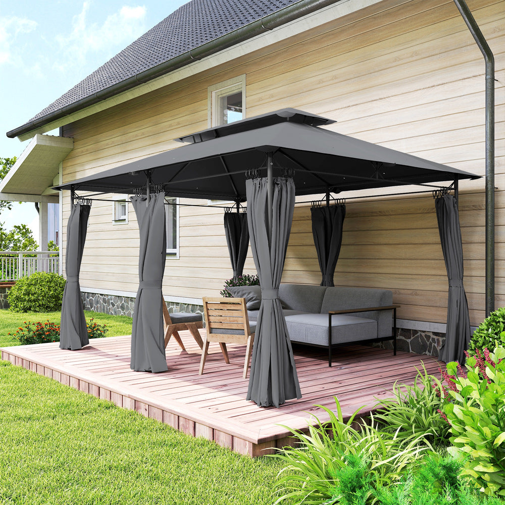10' x 13' Double Roof Patio Gazebo, Outdoor Gazebo with Curtains, for Garden, Lawn, Backyard and Deck, Grey