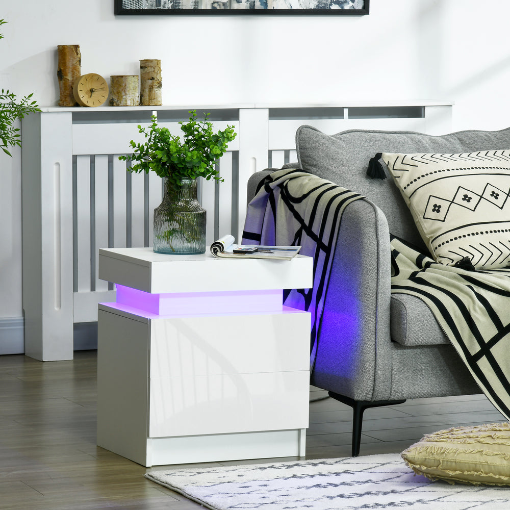 Nightstand with LED lighting and 2 drawers for bedroom or living room, white