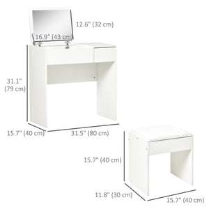 Modern dressing table with folding mirror and padded stool, white