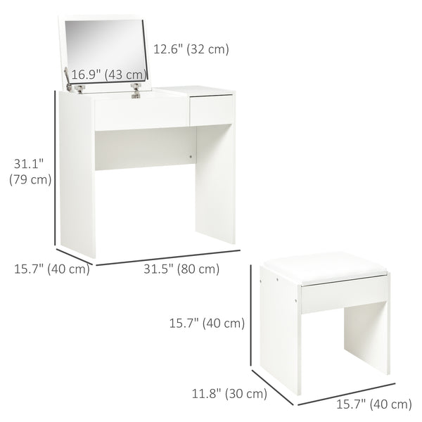 Modern dressing table with folding mirror and padded stool, white