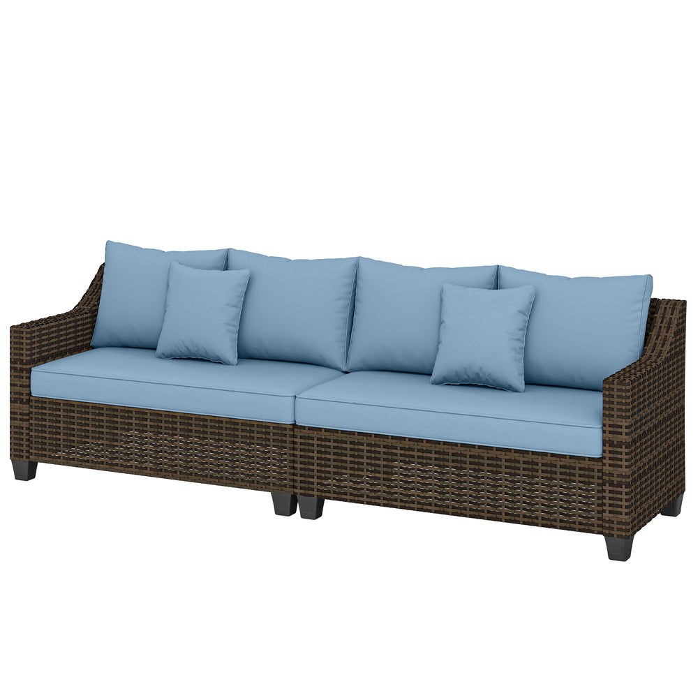 Modular PE resin wicker garden lounge set, 4 seats, with 2 loveseats, cushions and pillows, blue.