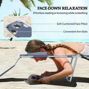 Folding Outdoor Lounge Chair, 5-Level Tanning Chair with Face Hole, Side Pocket, Carry Strap for Beach Pool, Grey