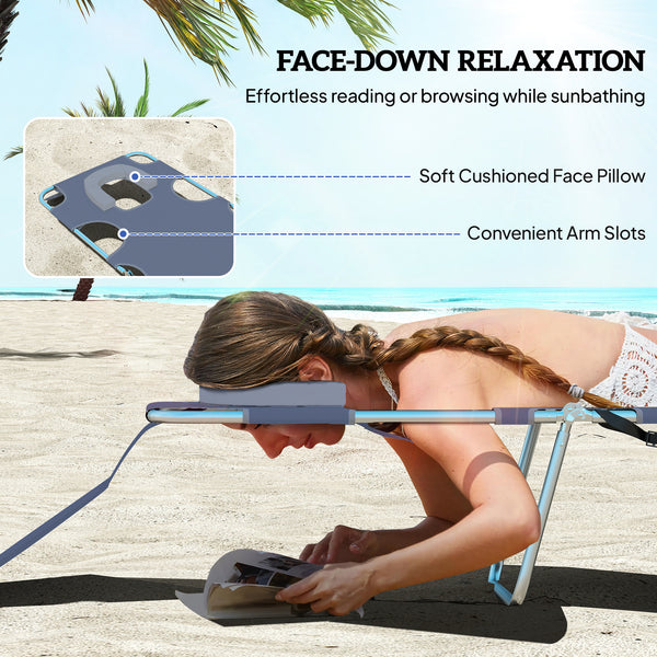 Folding Outdoor Lounge Chair, 5-Level Tanning Chair with Face Hole, Side Pocket, Carry Strap for Beach Pool, Grey