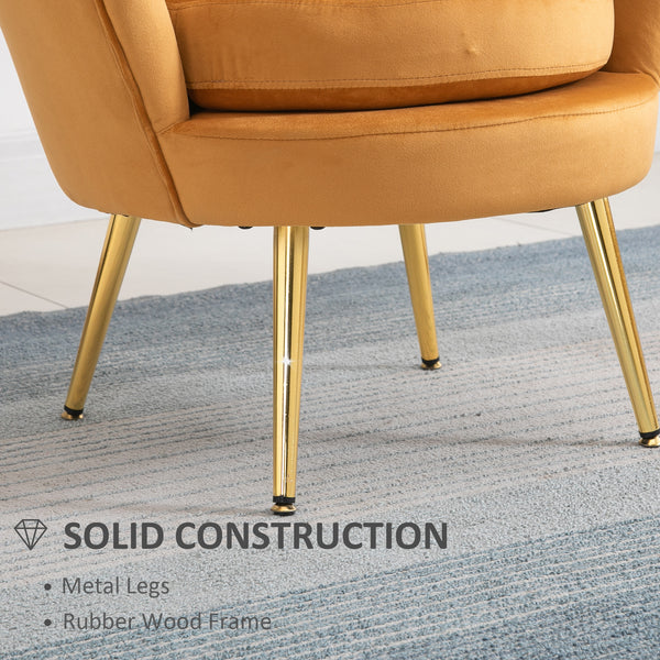 Lotus accent chair in velvet fabric with gold metal legs, yellow