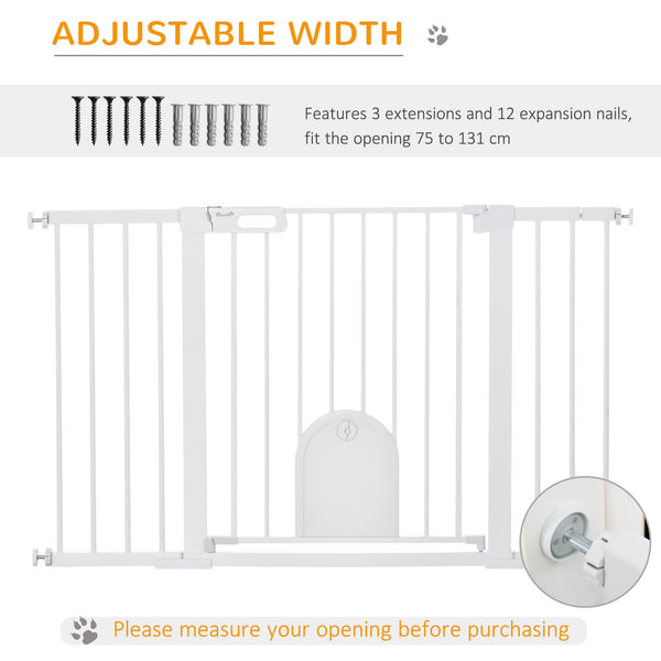 Extra-wide safety gate with small door, white