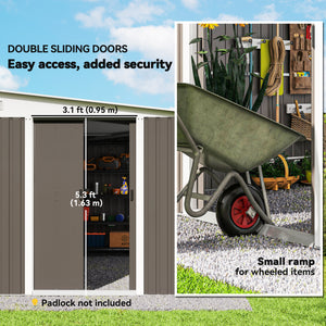 Grey steel garden shed with double sliding doors and 2 vents