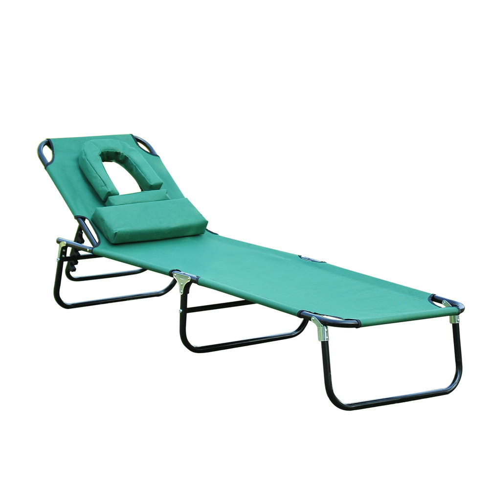 Reclining folding outdoor chaise lounge with face opening, removable cushion, 3-position adjustable backrest, green
