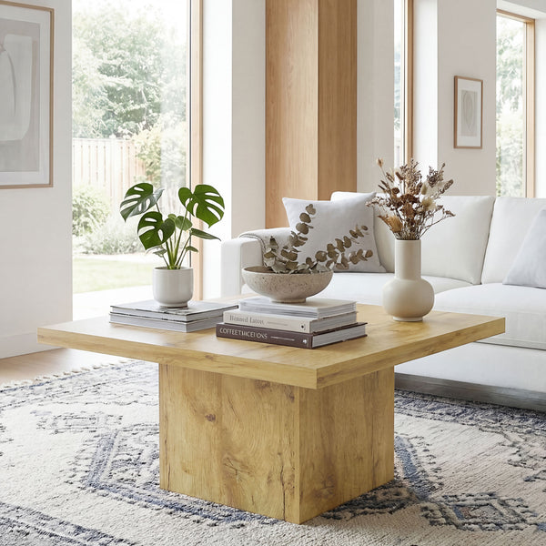 Square coffee table with 4 cm thick top, natural wood