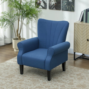 Modern fabric accent chair with wooden legs, dark blue