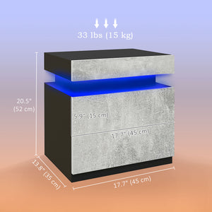 Bedside table with LED lighting and 2 drawers, cement gray