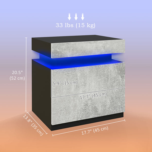 Bedside table with LED lighting and 2 drawers, cement gray