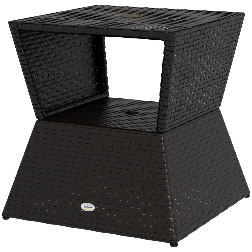 Outdoor Patio Rattan Wicker Coffee Table Garden End Tea Table Bistro Side Table w/ Umbrella Hole, Dark Coffee