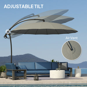 2.7m Cantilever Umbrella with 16 Fiberglass Ribs, Offset Hanging Umbrella, Patio Umbrella with Crank and Cross Base, Grey