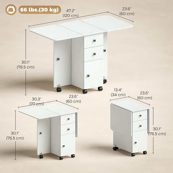 Dining table with drop leaves on castors with drawers and cupboard, marbled white