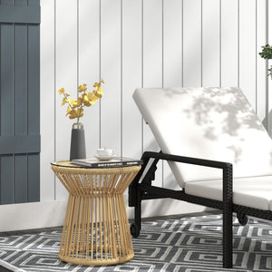 Round End Table, Rattan Side Table, Hollow Drum Design Coffee Table w/ Glass Tabletop for Patio, Garden, Balcony, Beige