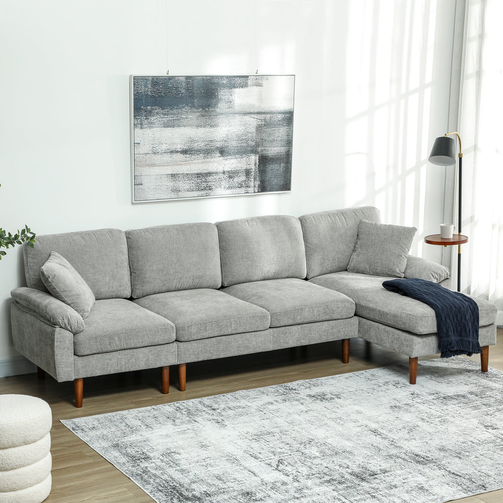 Modern sectional sofa with removable chaise, cushions and wooden legs, gray