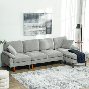 Modern sectional sofa with removable chaise, cushions and wooden legs, gray