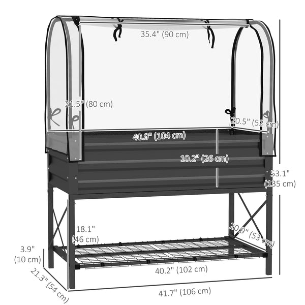 Raised planter with lid, bottom shelf and liner, black