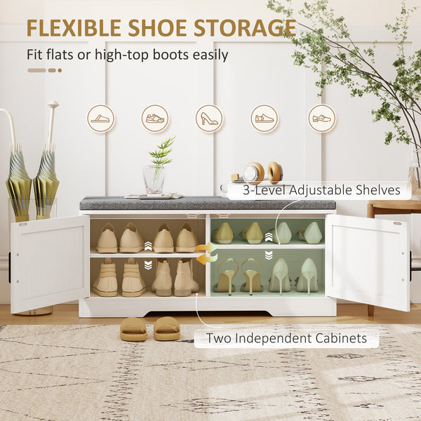 Entryway bench with shoe storage, adjustable shelves and cushion – White and grey