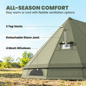 Waterproof teepee tent with stove jack, ideal for 4 to 6 people for camping or hiking, khaki