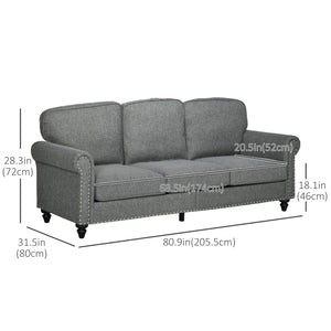 3-seater sofa, modern linen fabric and rubberwood legs, gray