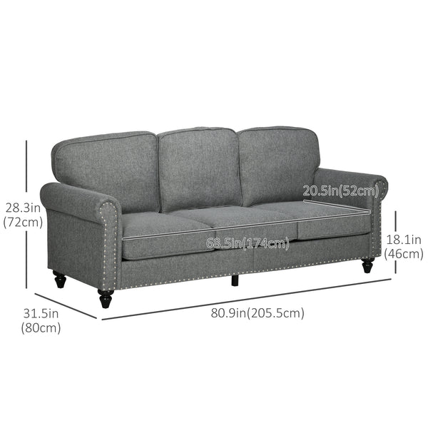3-seater sofa, modern linen fabric and rubberwood legs, gray