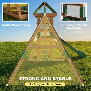 Outdoor play structure with slide, 2 swings, climbing wall and covered deck, outdoor children's play area