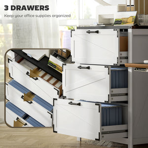 Country Style 3 Drawer Filing Cabinet with Adjustable Hanging Bars for Letter, A4, Legal Size, White