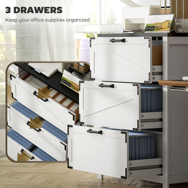 Country Style 3 Drawer Filing Cabinet with Adjustable Hanging Bars for Letter, A4, Legal Size, White