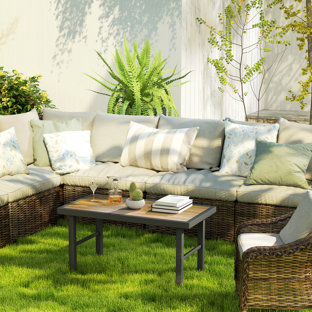 Outdoor side table with wood-look top, metal frame for garden, brown