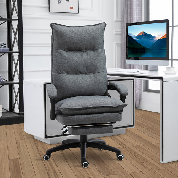 Reclining and height-adjustable office chair with retractable footrest, grey