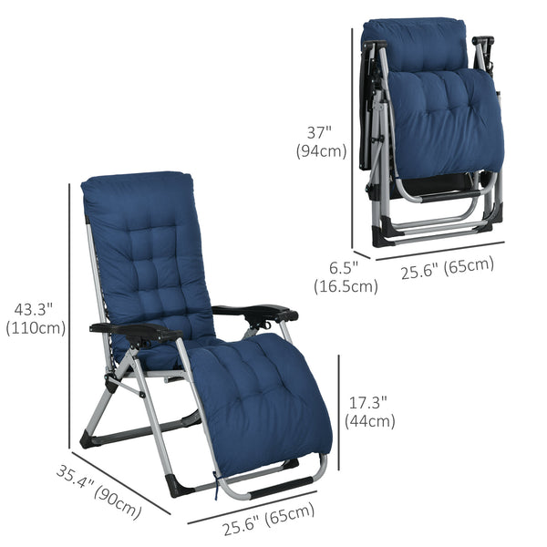 Set of 2 folding garden chairs with cushion and headrest, dark blue 