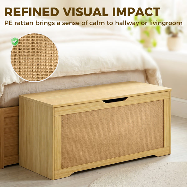 35.9 gal. storage chest with rattan front and soft-close lid – Oak