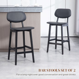 Set of 2 faux leather bar stools with solid wood legs, black